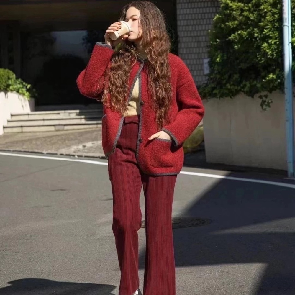 Red Wool Cardigan with Gray Accents